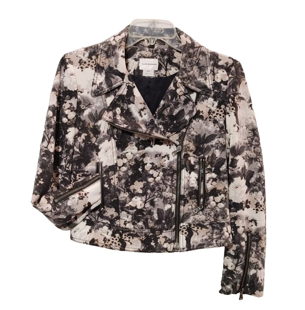 Club Monaco Floral Moto Jacket Cropped Asymmetric Zip Front Pink Gray Womens S